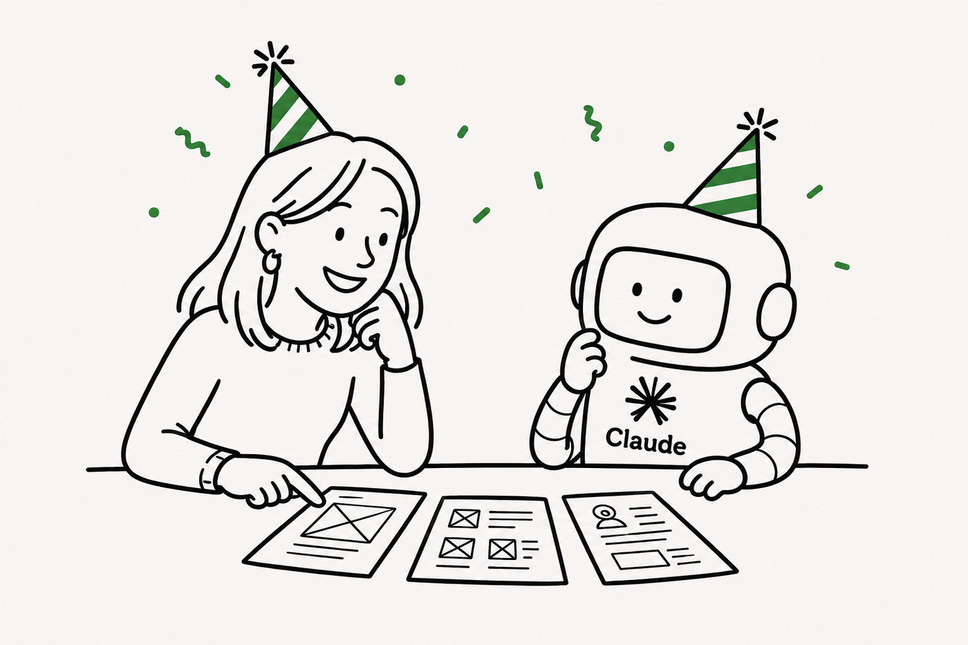 A designer and a Claude robot in party hats, reviewing wireframes together at a table