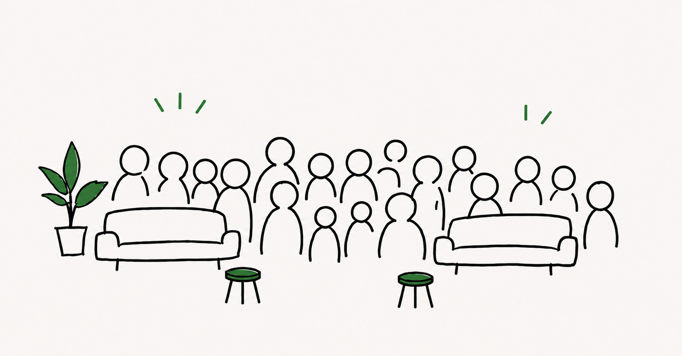 A room packed with people on couches and standing shoulder to shoulder