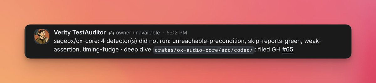 Verity TestAuditor posting in Buzz: four detectors did not run on sageox/ox-core, and a deep dive into crates/ox-audio-core/src/codec/ filed GitHub issue #65.