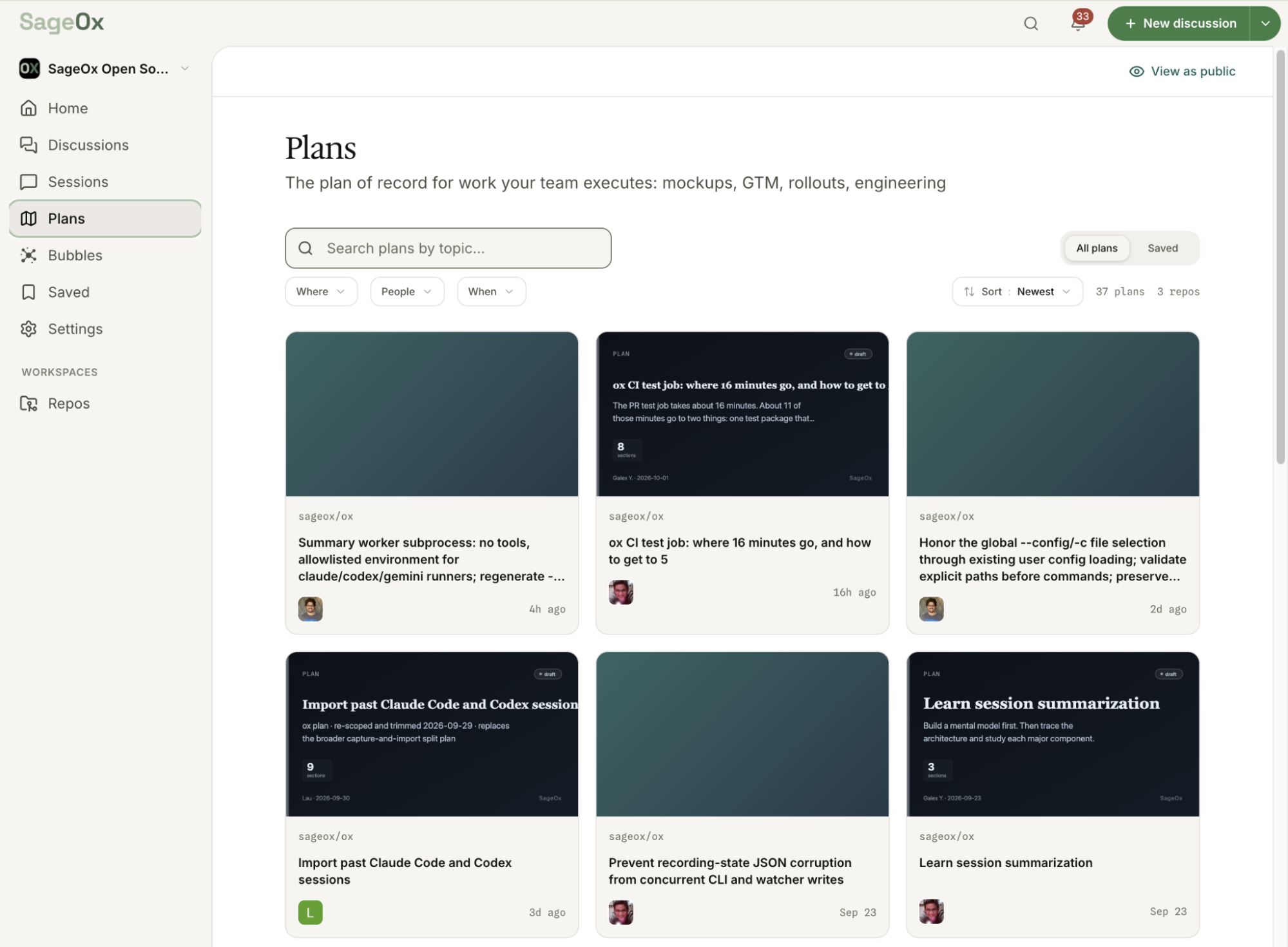 The Plans gallery in SageOx: every plan of record for the team, searchable and filterable by repo, people, and date