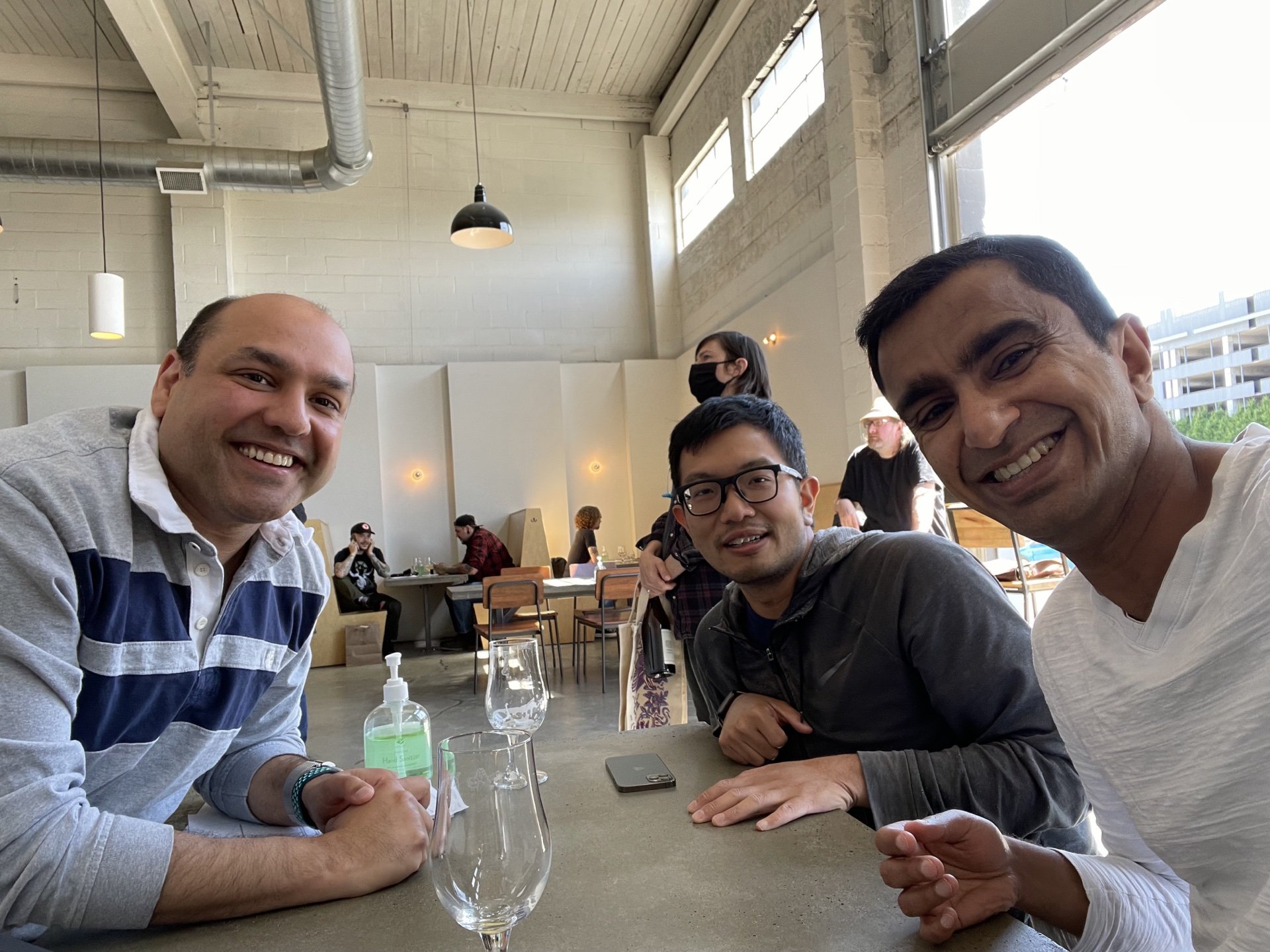 Rajat Arya, Yucheng Low and Ajit Banerjee at Holy Mountain Brewing in June 2021