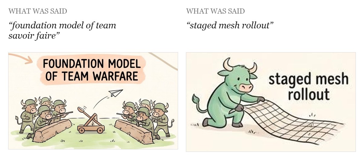 Two mural tiles. Left: what was said, "foundation model of team savoir faire"; the mural drew "Foundation model of team warfare," two trench lines of oxen lobbing a paper plane at each other. Right: what was said, "staged mesh rollout," meaning a staged rollout across a mesh of servers; the mural drew an ox unrolling a fishing net.