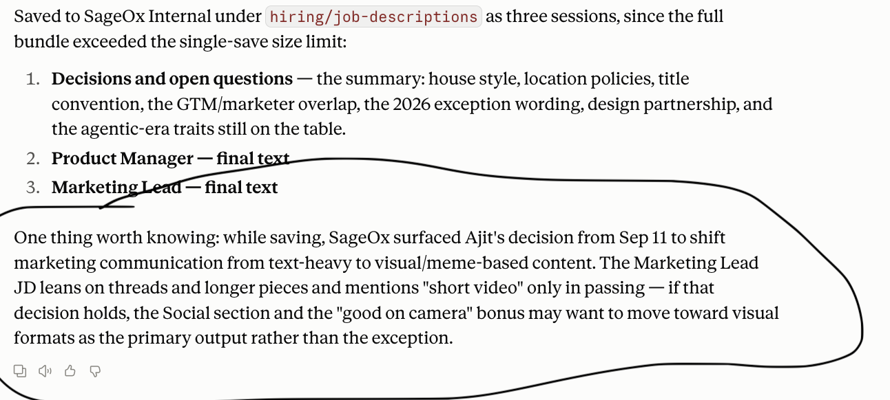An agent's reply after saving job descriptions to SageOx. A circled note says SageOx surfaced Ajit's decision from Sep 11 to shift marketing communication from text-heavy to visual content, and suggests the Marketing Lead description move toward visual formats.