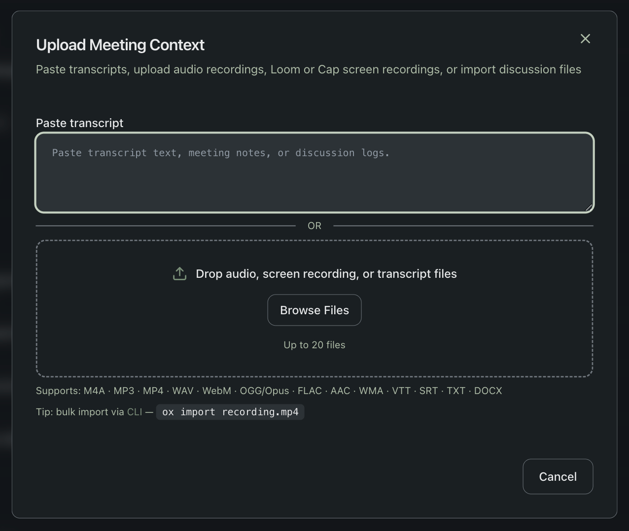 Upload dialog with drag-and-drop area