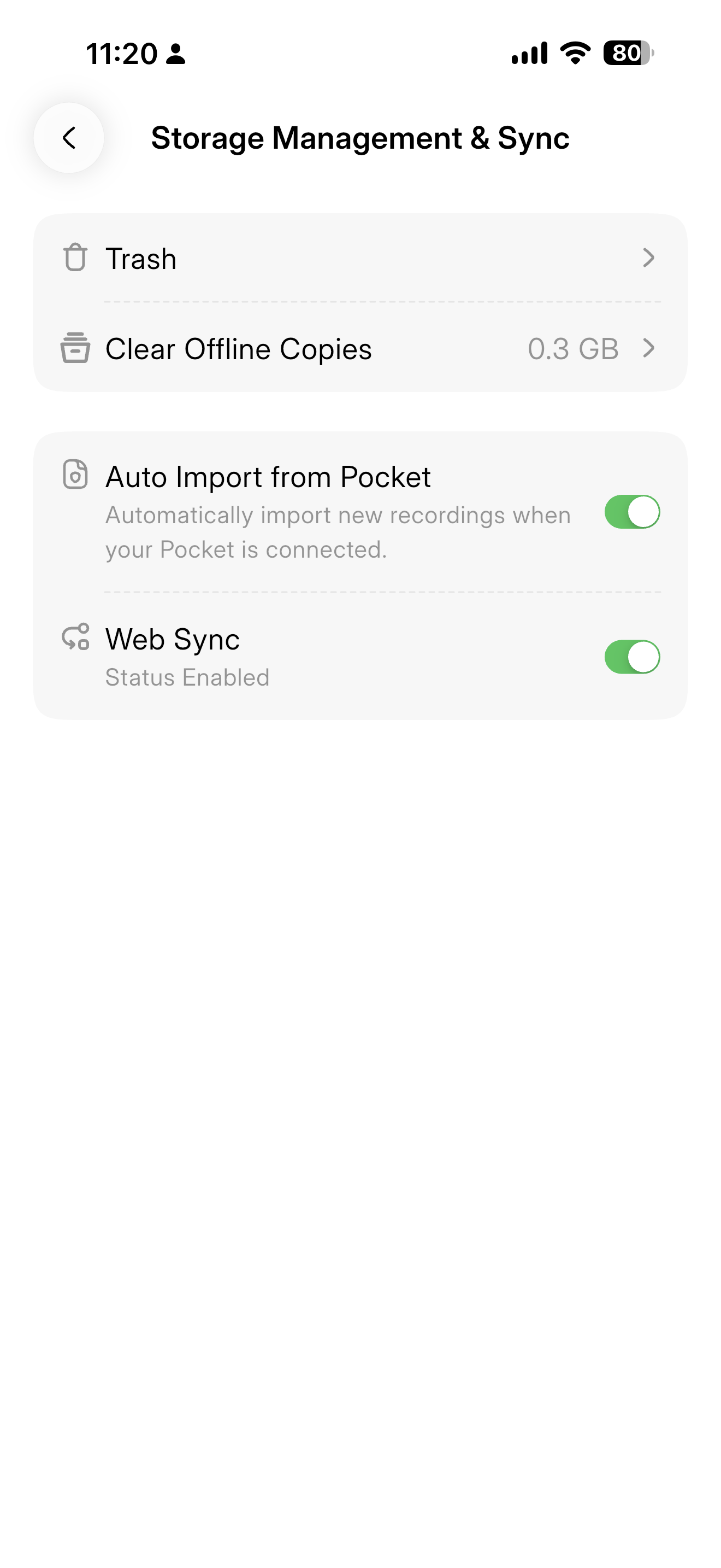 Pocket app Storage Management & Sync screen with Web Sync enabled